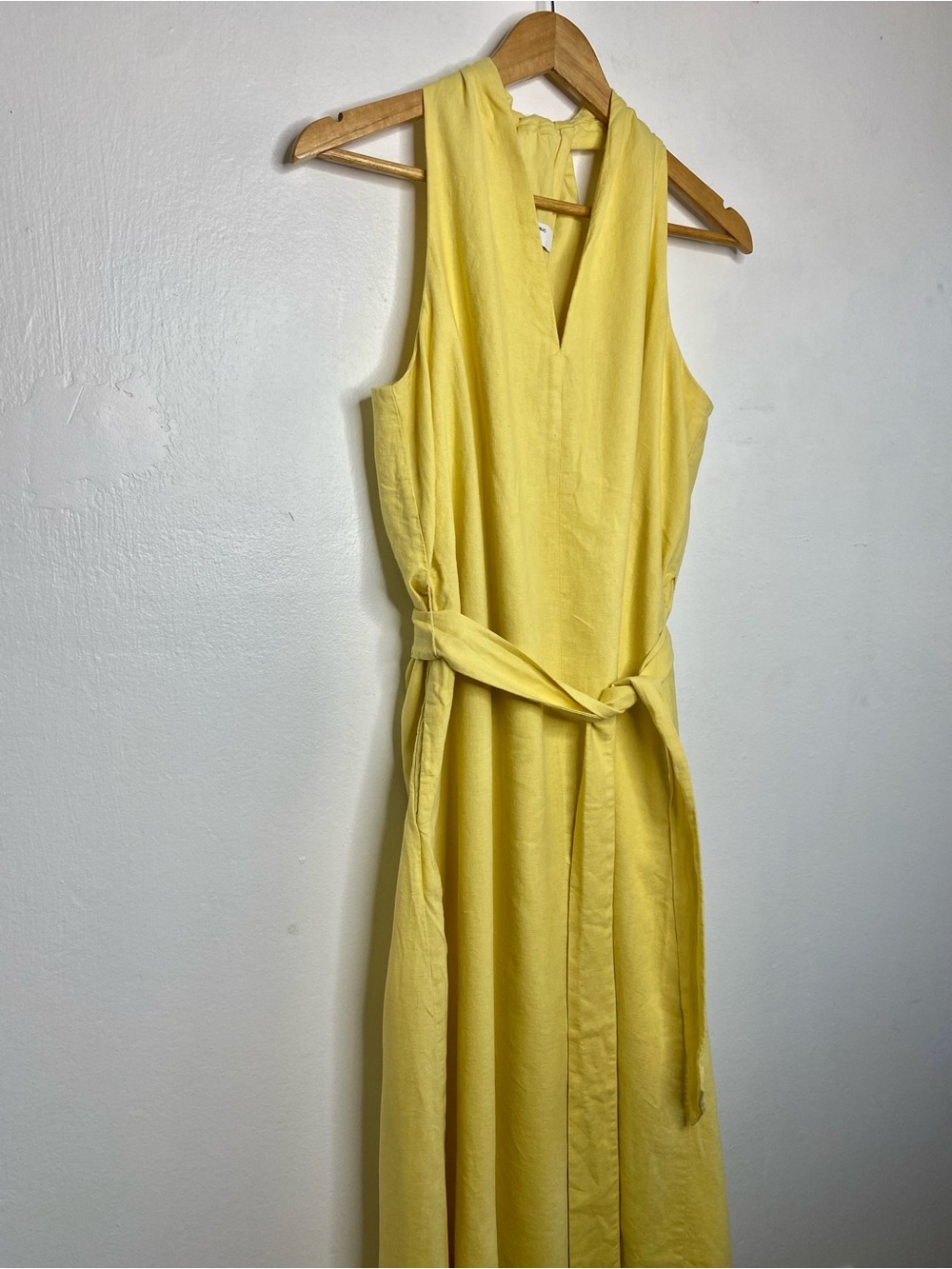 Linen-Blend Twist-Back Midi Dress Size M Pastel yellow Resort Vaca - Picture 5 of 11